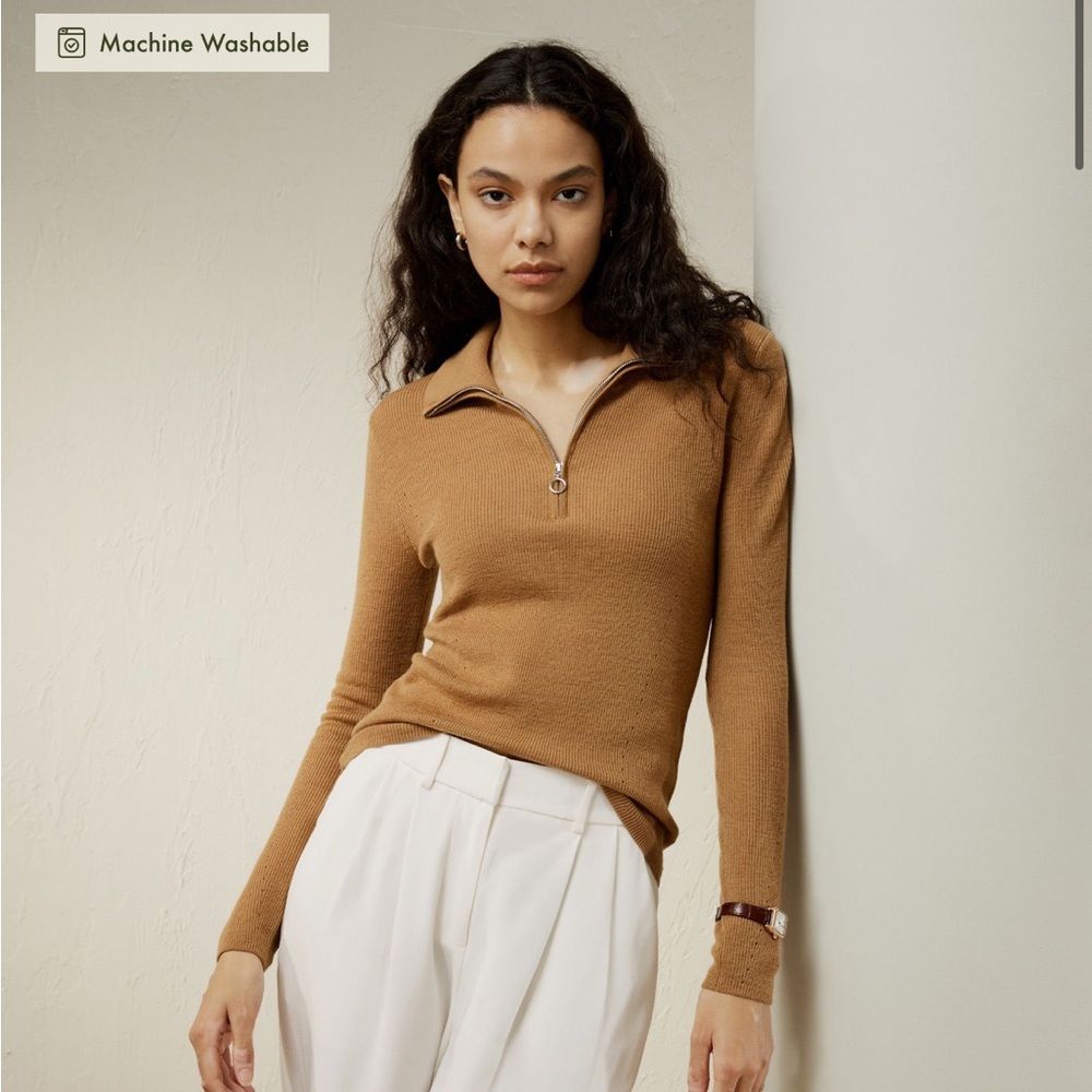 Lily Silk- Gaia Ribbed Half Zip Ultra-fine Merino Wool Sweater